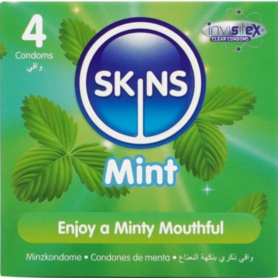 Confezione da 4 preservativi Skins Mint, con foglie di menta e stelle.