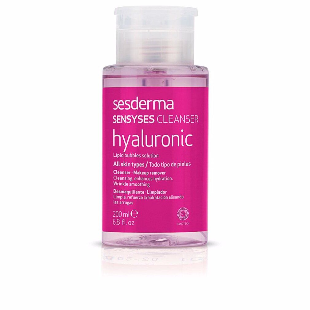 Flacone con etichetta rosa. Testo: Sesderma, Sensyses Cleanser, Hyaluronic. 200ml. Liquido trasparente visibile.