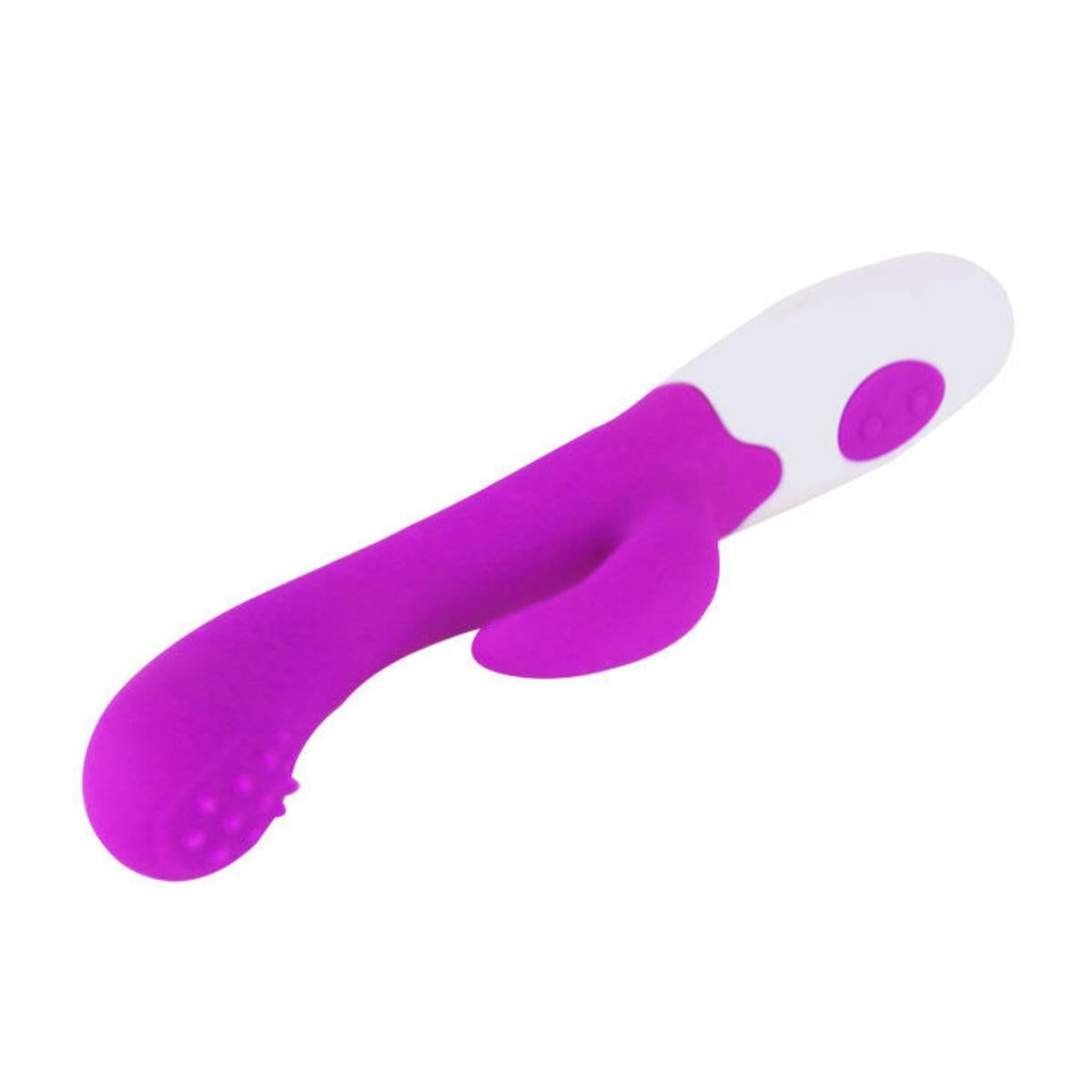 Vibratore lilla e bianco, forma curva, orecchie di coniglio. Pulsante sull'impugnatura. Testa con noduli.