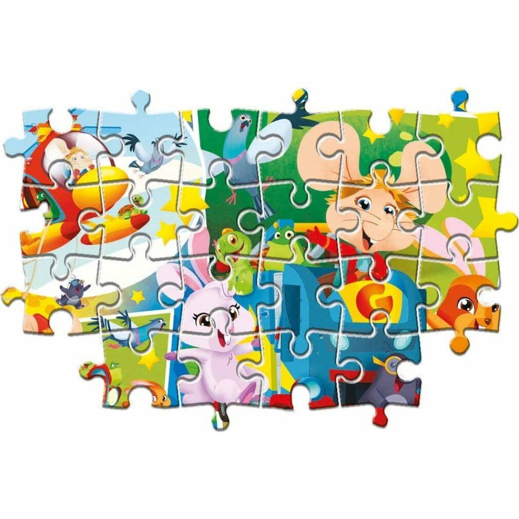Pezi di puzzle con motivo Topo Gigio. Illustrazione colorata con personaggi, elicottero e veicolo. Pezzi assemblati.
