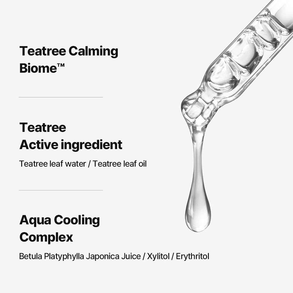 Gocce di liquido, con testo "Teatree Calming Biome" e "Teatree Active ingredient".