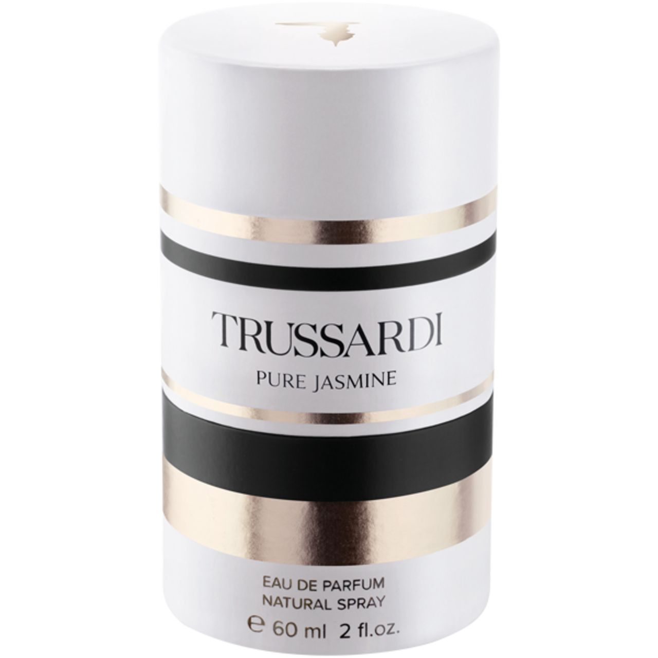 Confezione cilindrica bianca, oro e nera. Scritta "TRUSSARDI Pure Jasmine".