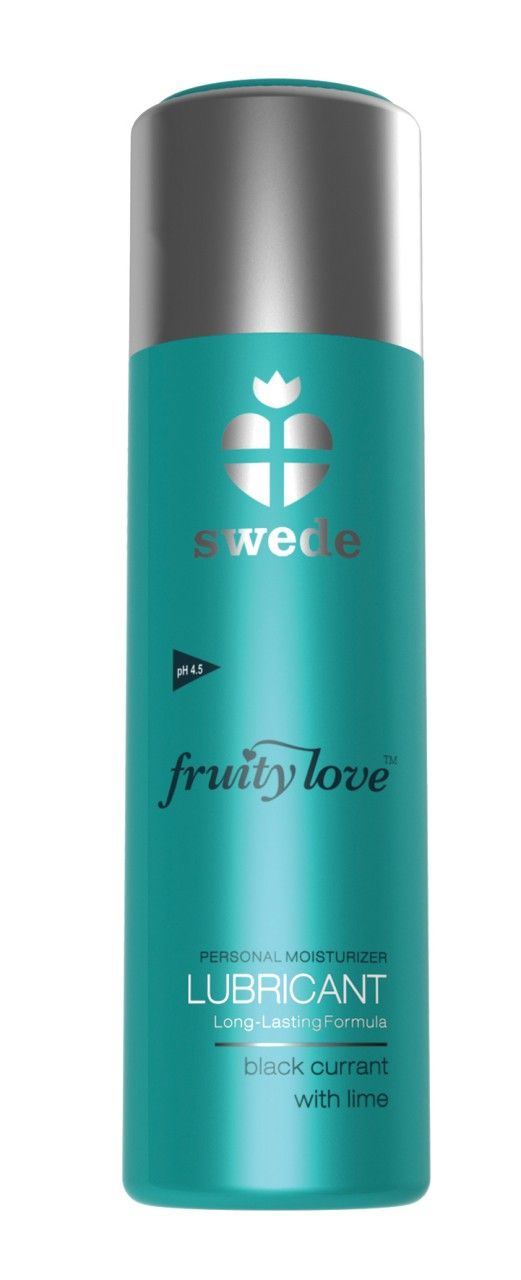 Lubrificante Swede Fruity Love, flacone con tappo argentato. Flacone turchese al gusto di ribes nero e lime.