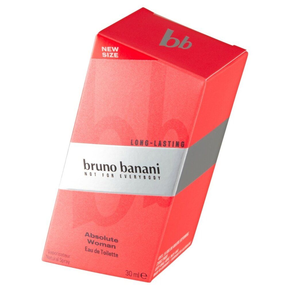 Confezione rossa con testo bianco. 'Bruno Banani' e 'Absolute Woman' leggibili. '30 ml' in basso.