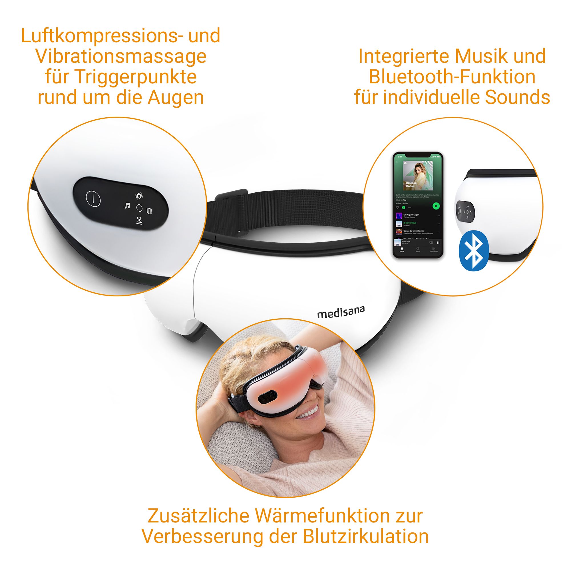 Massaggiatore oculare medisana con dettagli: compressione d'aria, vibrazione, funzione musicale, calore.