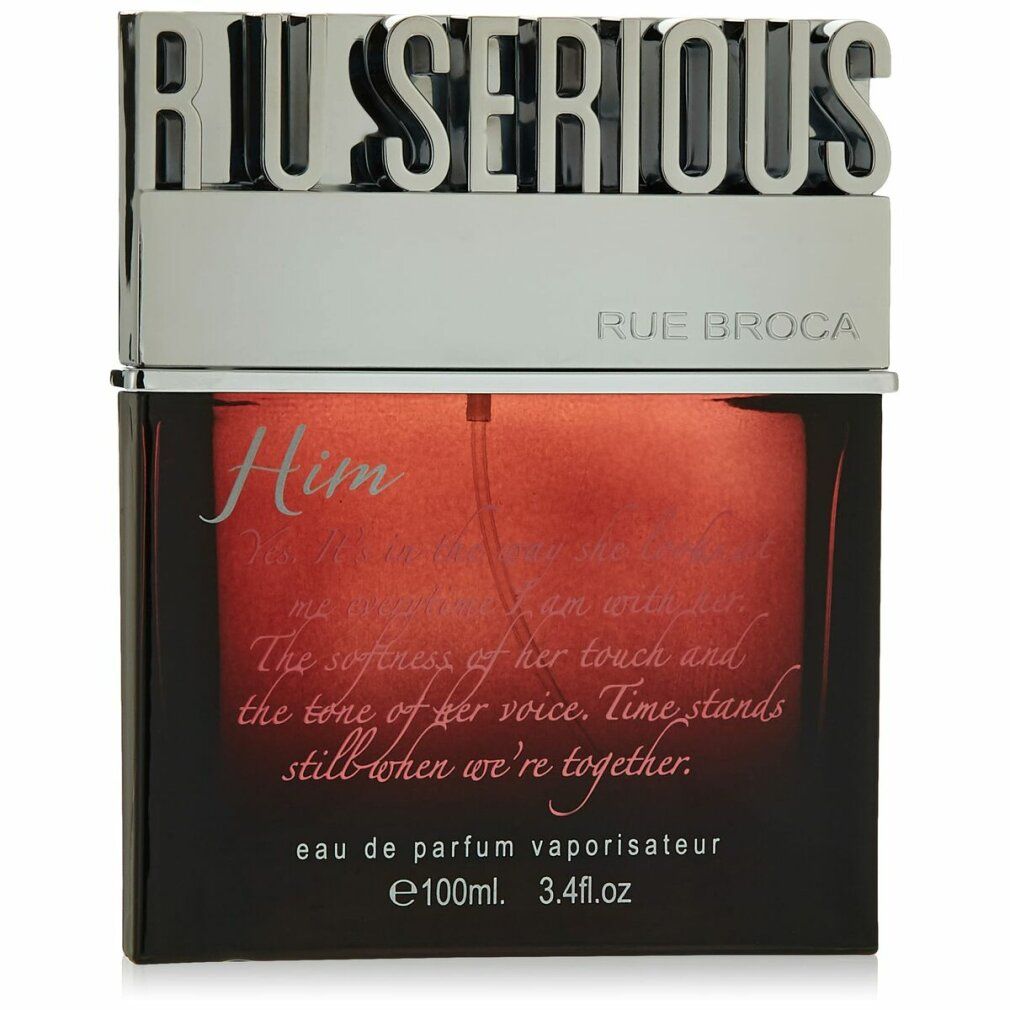 Flacone di profumo rettangolare con tappo argentato. Scritta: R U SERIOUS, Him, Rue Broca. Testo sul flacone. 100ml.