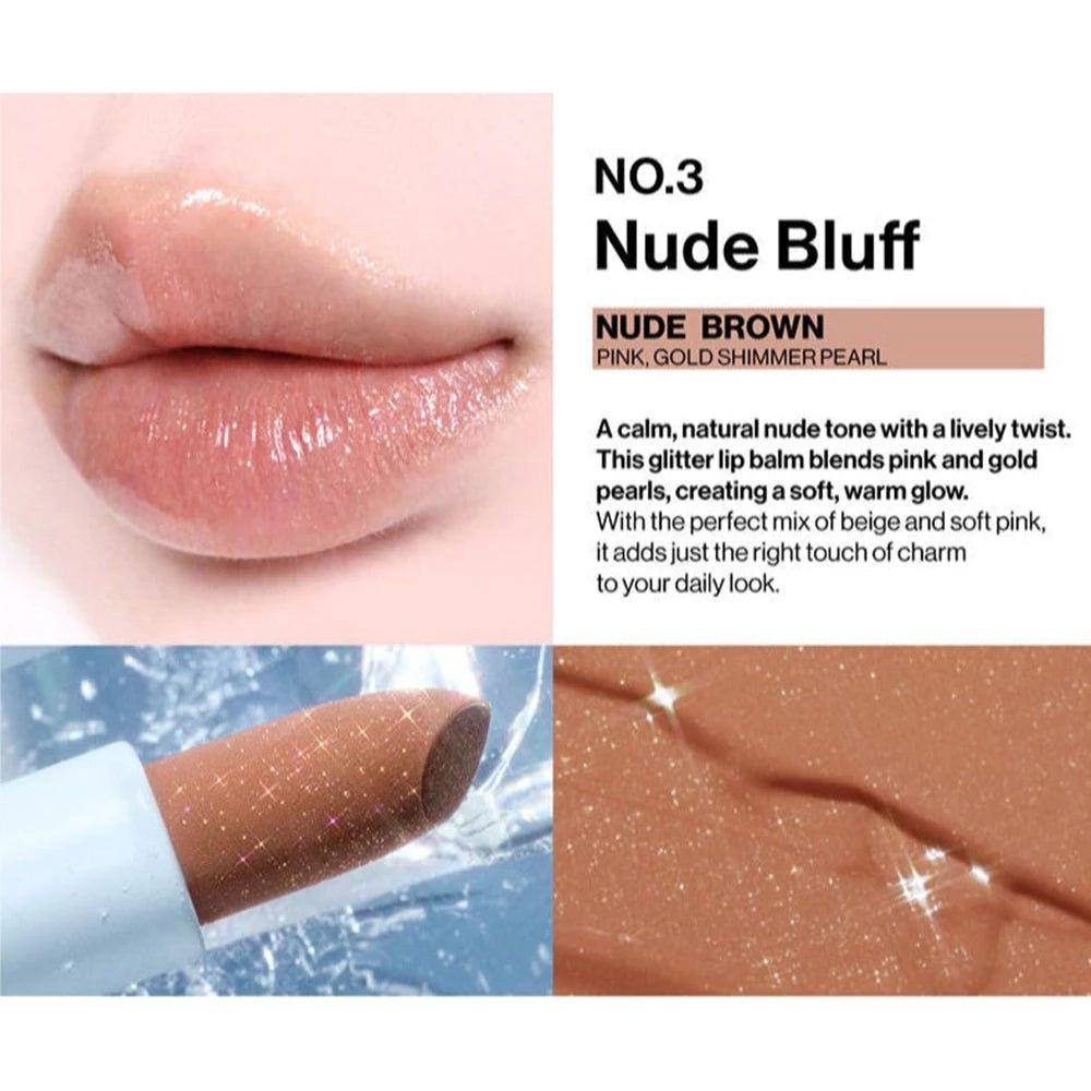 Balsamo labbra glitterato, tonalità Nude Brown. Nome del prodotto e testo descrittivo. Primo piano di labbra e prodotto.
