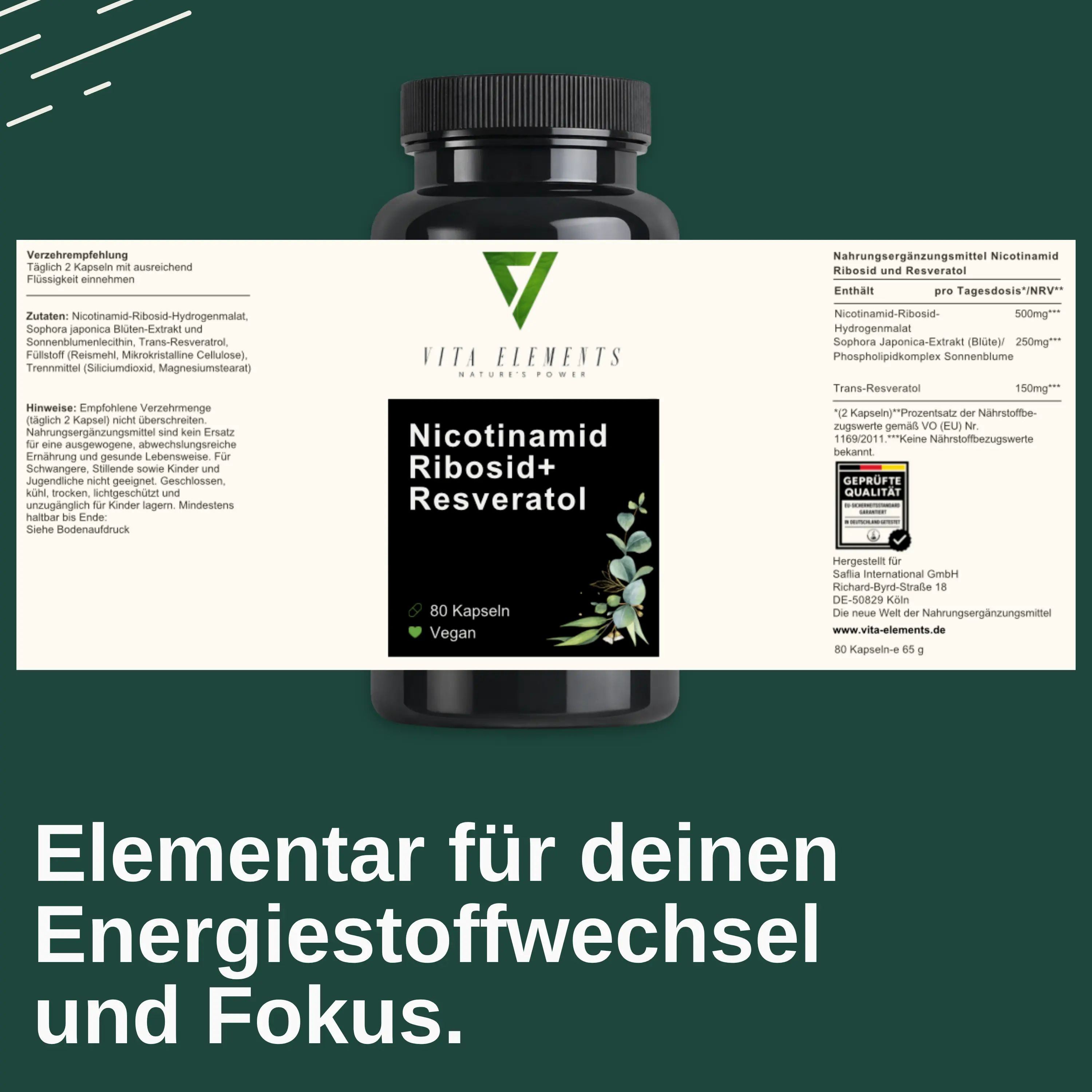 Retro della scatola Vita Elements Nicotinamide Riboside+ Resveratrol. Testo: Elementare per il metabolismo energetico.