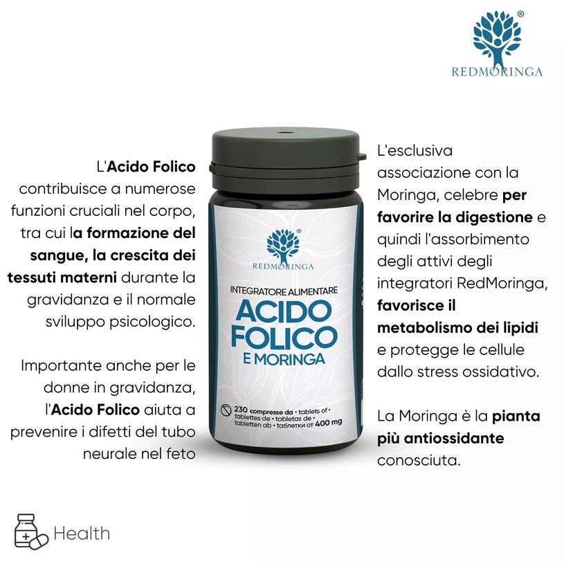 Infografica testuale. Flacone di Acido Folico e Moringa. Testo su acido folico e moringa.