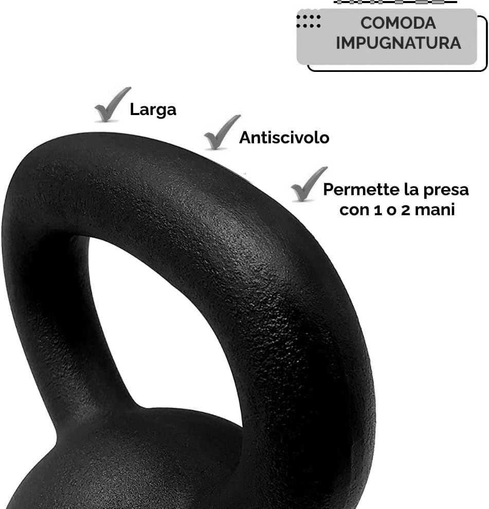 Manico di kettlebell nero. Etichette: Comoda Impugnatura, Antiscivolo, Permette la presa con 1 o 2 mani.