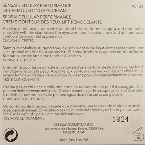Confezione del prodotto con testo. Scritta: Sensai Cellular Performance Lift Remodelling Eye Cream. Testo in più lingue.