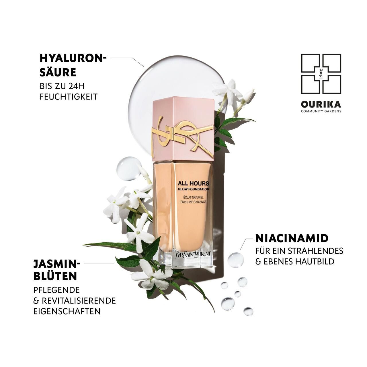 Flacone di fondotinta con fiori e testo. Nome prodotto: ALL HOURS GLOW. Ingredienti: acido ialuronico, niacinamide, fiori di gelsomino. Logo.