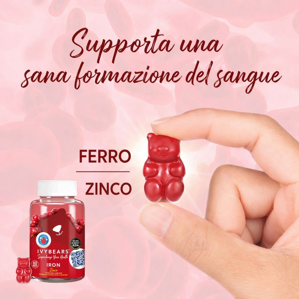 Mano che tiene un orsetto gommoso rosso. Accanto, flacone di orsetti gommosi. Testo: Ferro Zinco. Supporta una sana formazione del sangue.