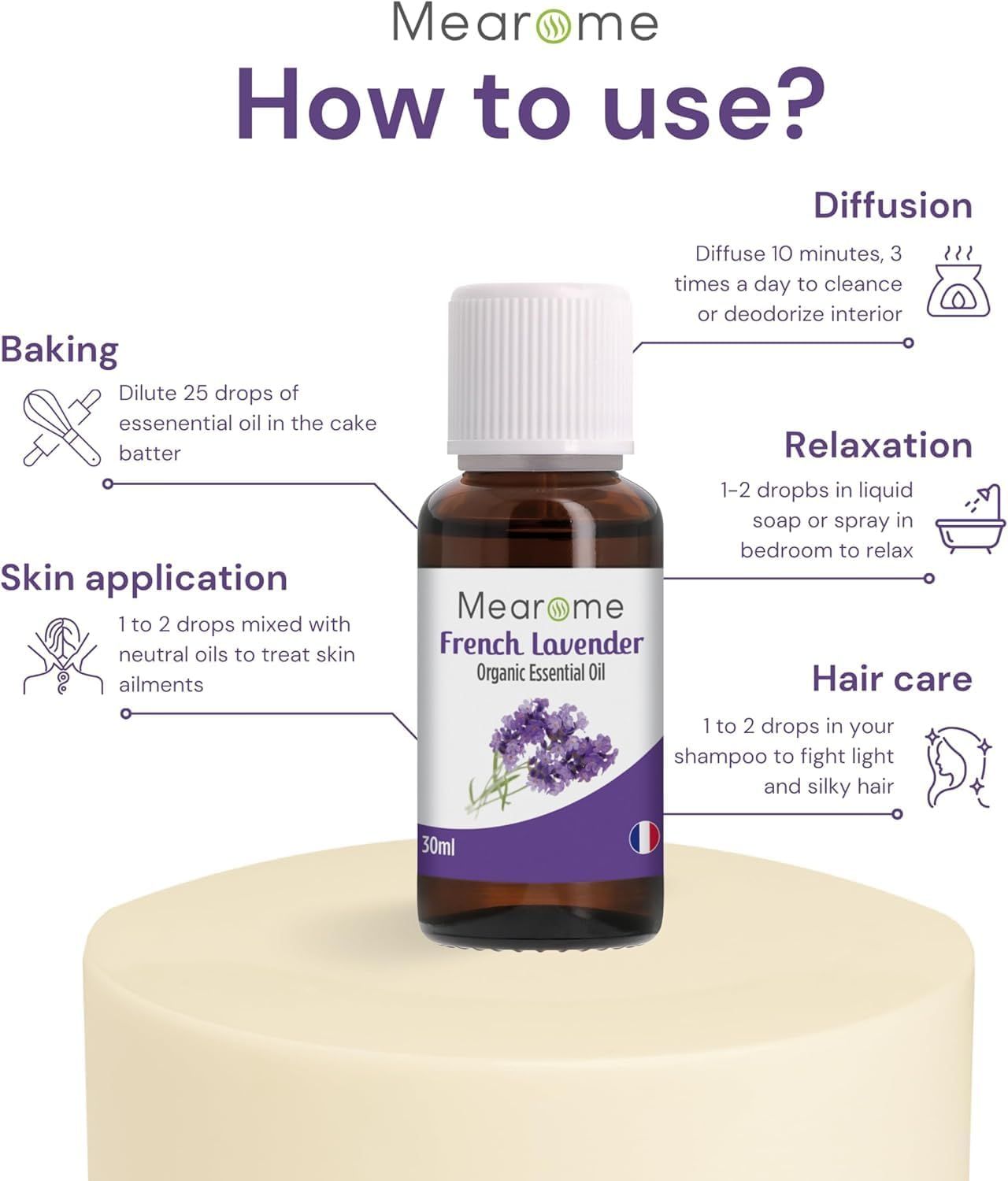 Flacone del prodotto con testo e lavanda. Bandiera francese. 30ml. Su base di legno. Utilizzo.