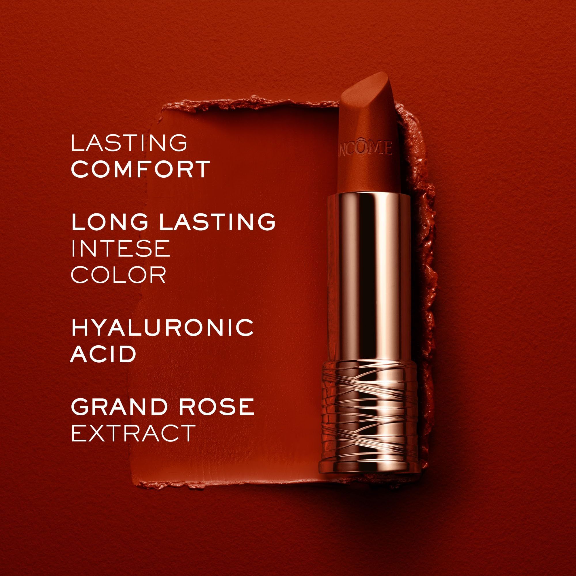 Rossetto su sfondo rosso. Testo: « Lasting comfort », « Long lasting intense color », « Hyaluronic acid », « Grand rose extract ».