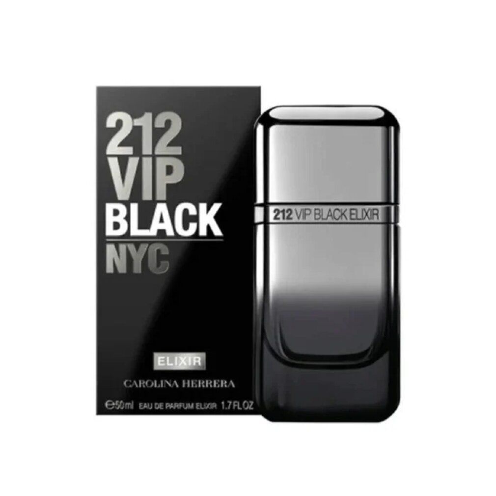Flacone nero con tappo argentato e confezione. Sulla confezione è scritto "212 VIP BLACK NYC". Flacone con "212 VIP BLACK ELIXIR".