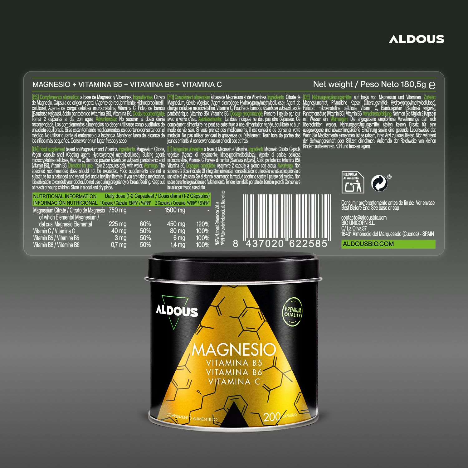 Aldous - Magnesio con Vitamine - Stanchezza, Articolazioni, Muscoli