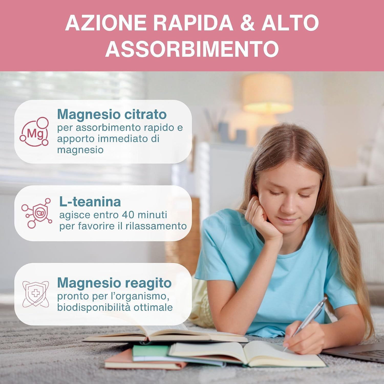 Azione rapida e alto assorbimento di citrato di magnesio e L-teanina.