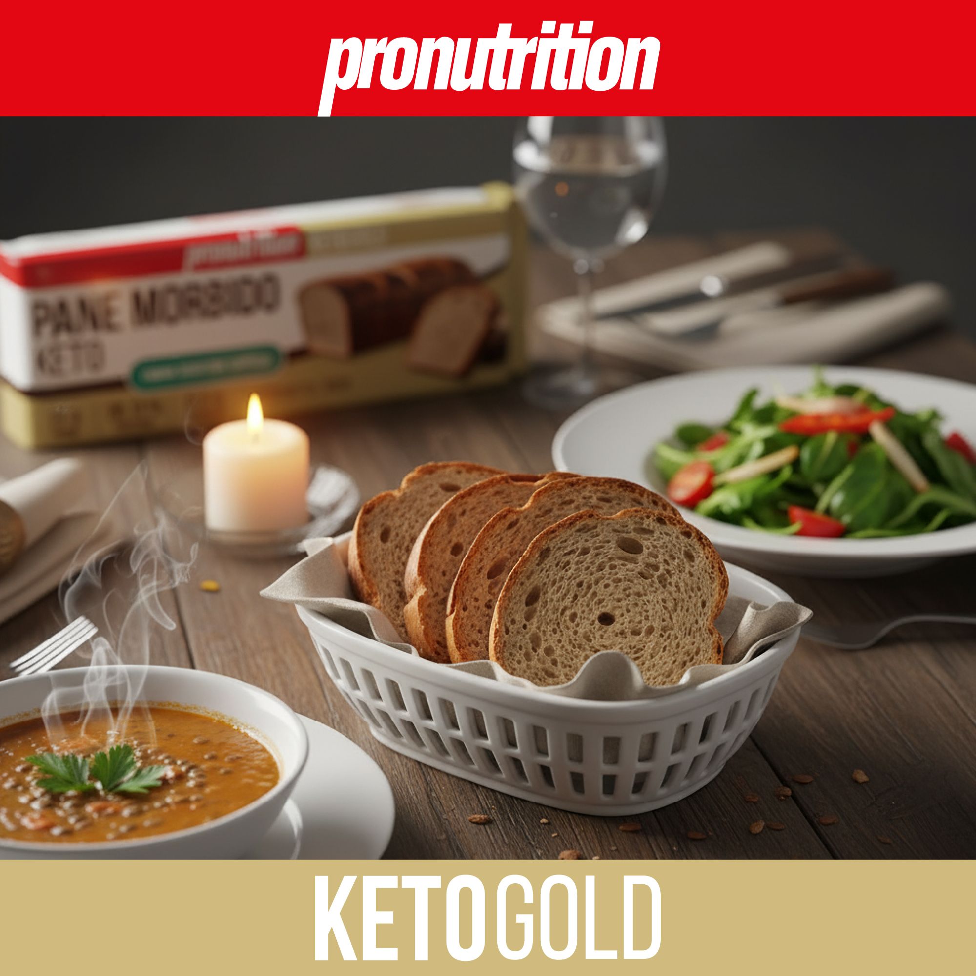 Pane Keto in un cestino, servito con zuppa e insalata. Candela e bicchiere d'acqua sul tavolo. Logo KetoGold.