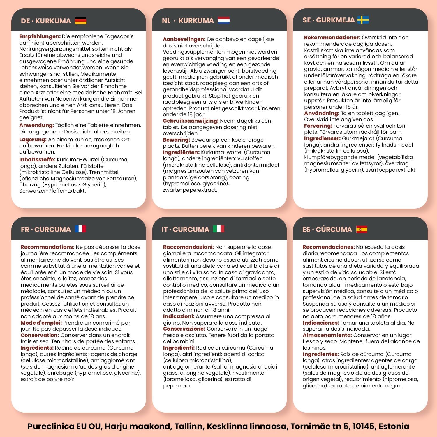 Informazioni multilingue sulle compresse di curcuma. Contiene raccomandazioni e ingredienti in diverse lingue.