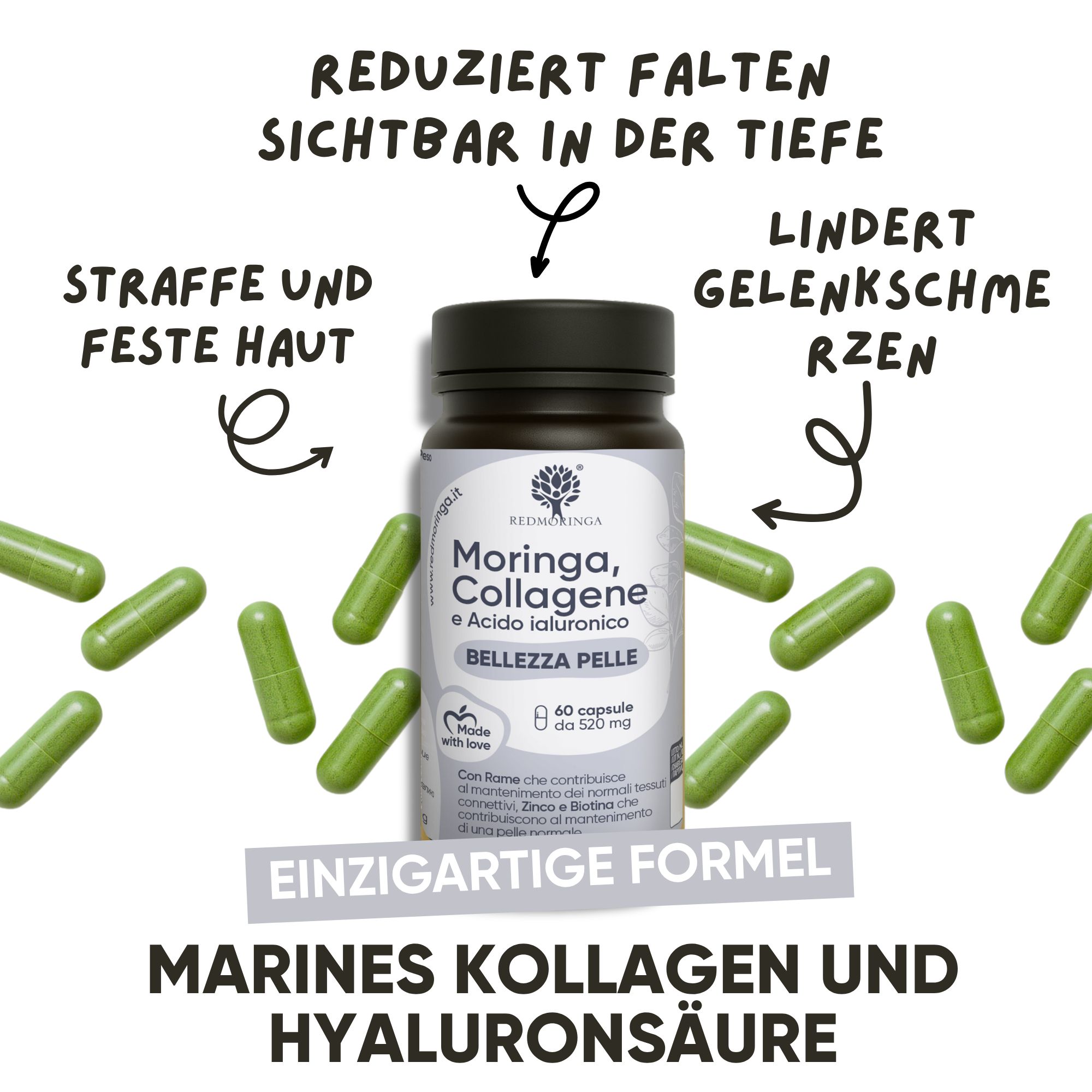 Flacone RedMoringa Collagene Ialuronico con capsule. Testo: Riduce le rughe, pelle tonica, dolori articolari.