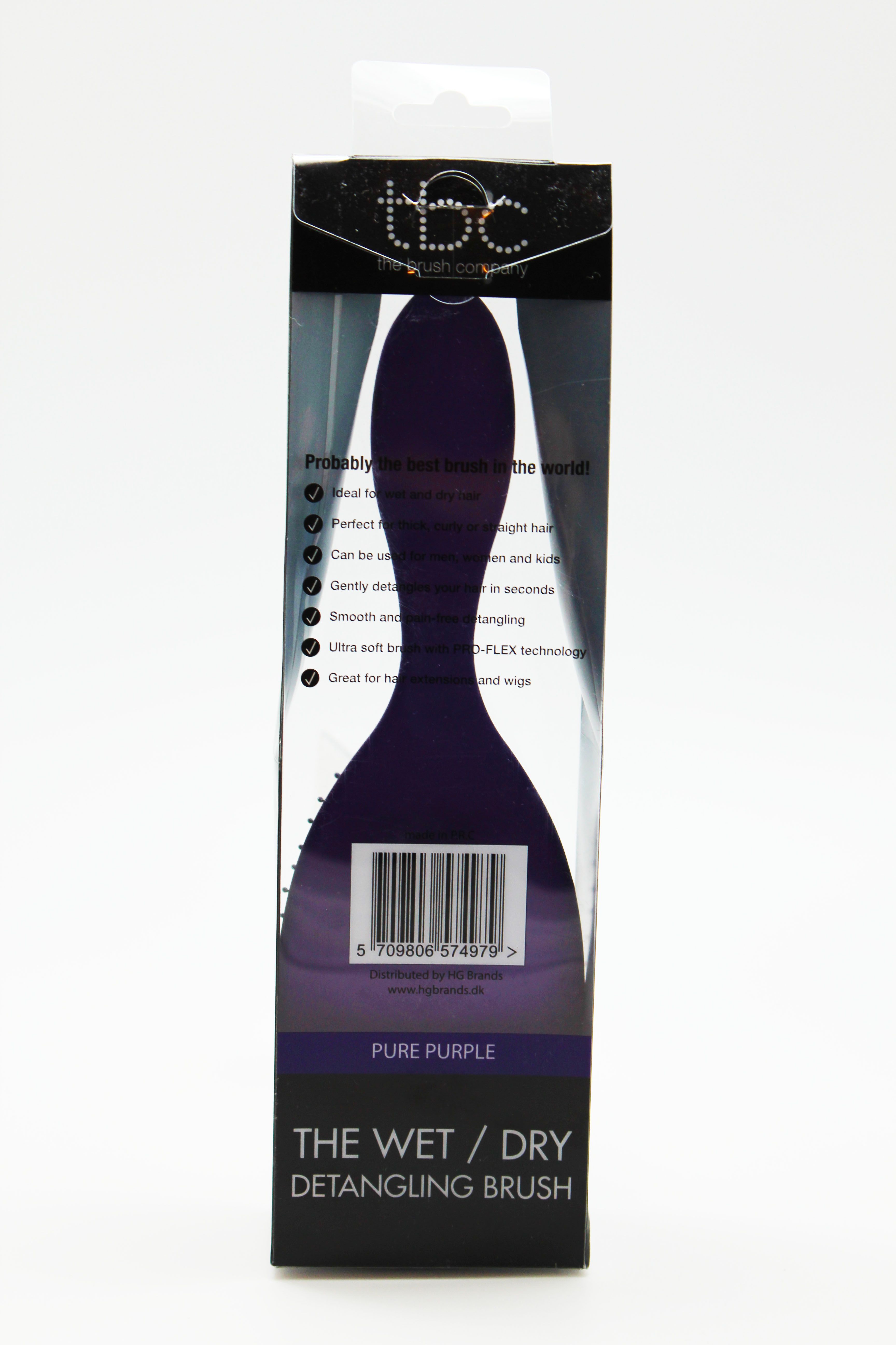Retro della confezione della spazzola per capelli TBC Wet & Dry viola con le caratteristiche del prodotto.