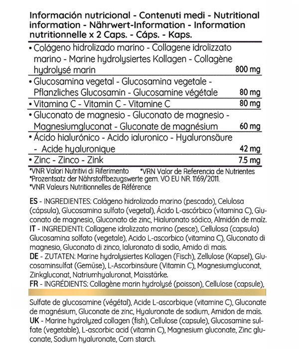 Tabella nutrizionale con ingredienti. Contiene collagene, glucosamina, vitamina C, magnesio, acido ialuronico e zinco.