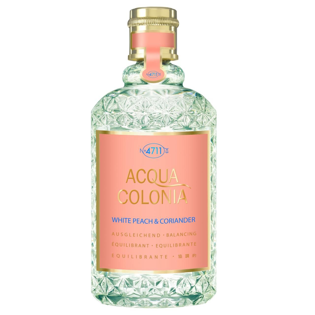 Flacone in vetro con tappo dorato ed etichetta. Scritta: Acqua Colonia White Peach & Coriander.