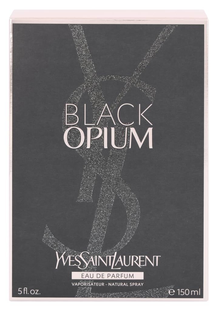 Confezione di Black Opium Eau de Parfum. Scatola nera con logo e testo bianchi. 5 fl.oz. e 150 ml.