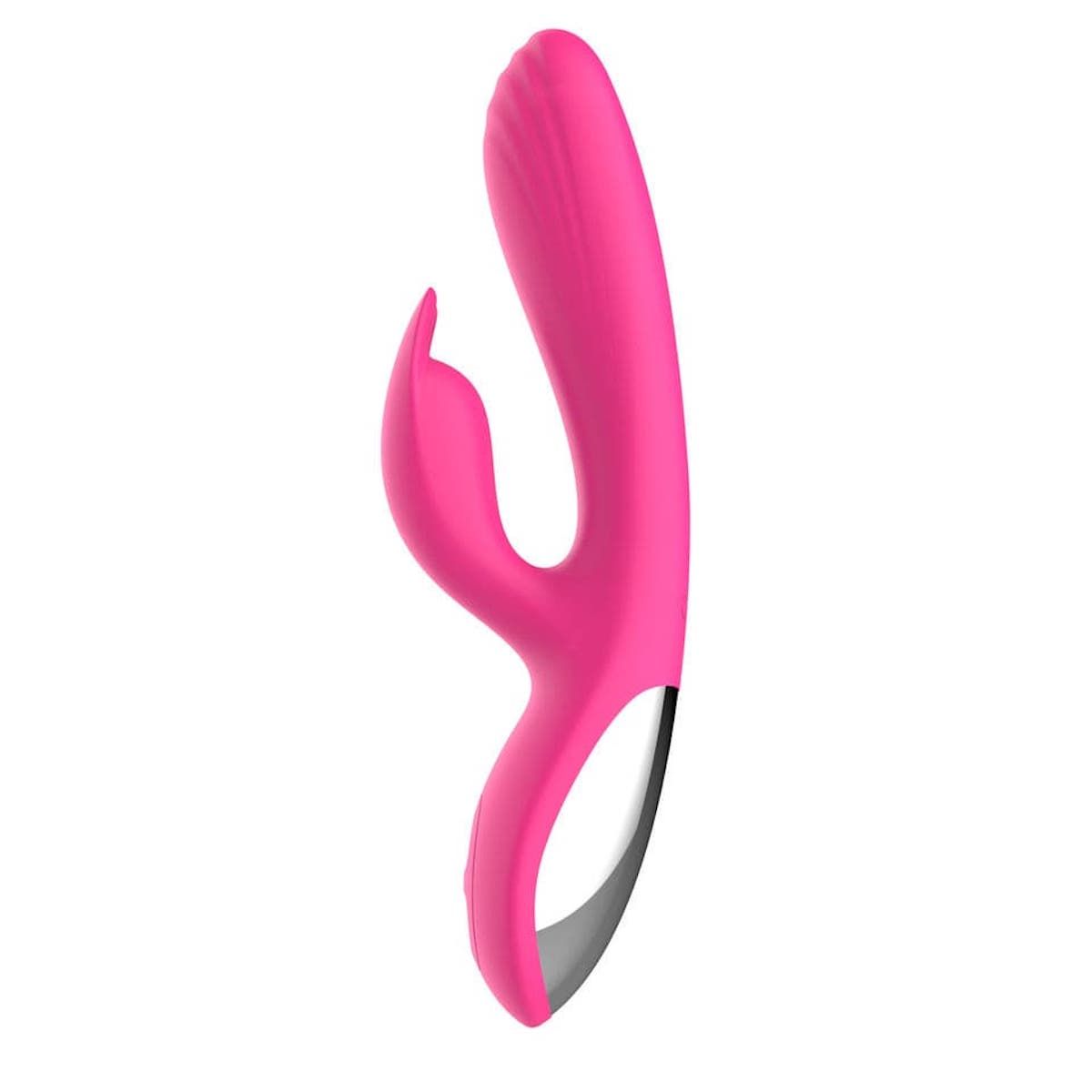 Vibratore rosa con design a orecchie di coniglio. Forma curva e dettaglio argentato.