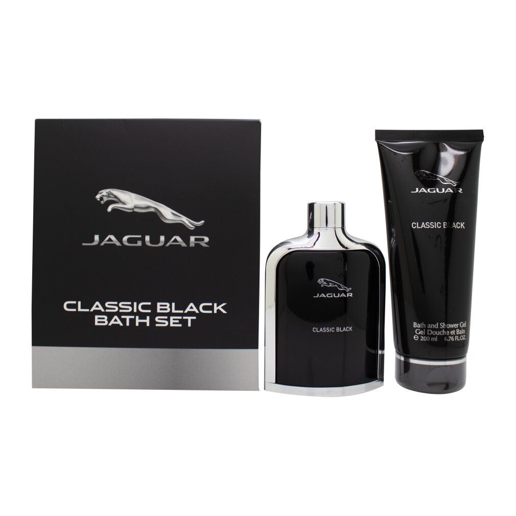 Set bagno Jaguar Classic Black nero. Include flacone, tubo e scatola. Logo e testo argentati.