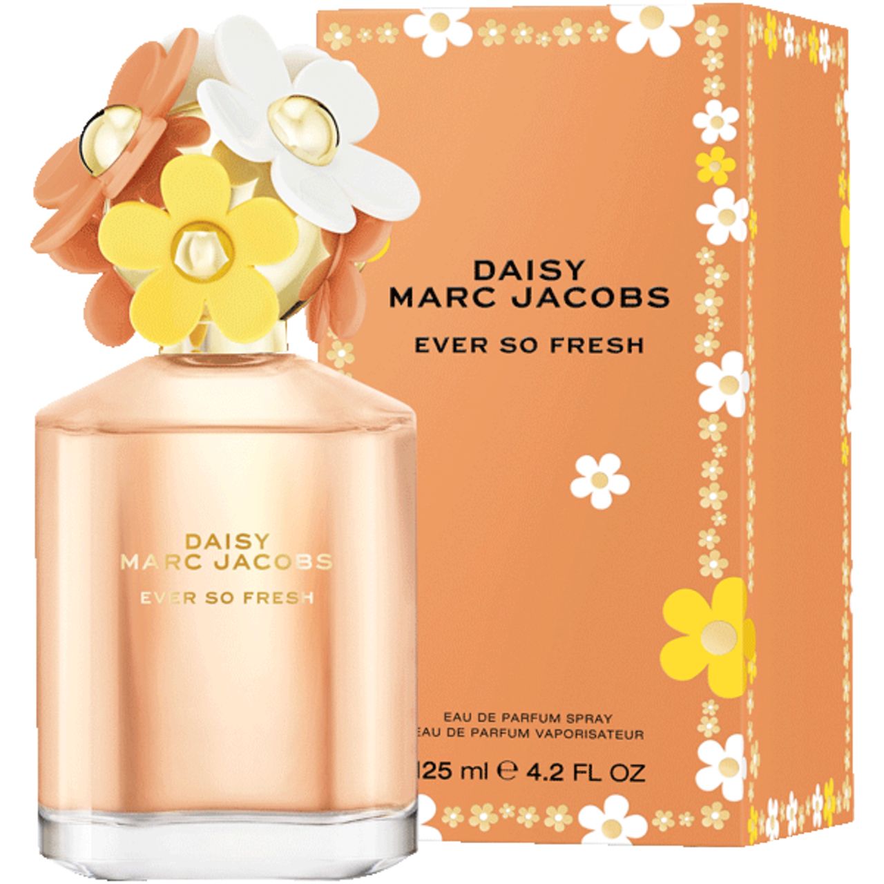 Flacone di profumo e scatola. Flacone con fiori sul tappo. Scritta: Daisy Marc Jacobs Ever so Fresh. Scatola: arancione con fiori.