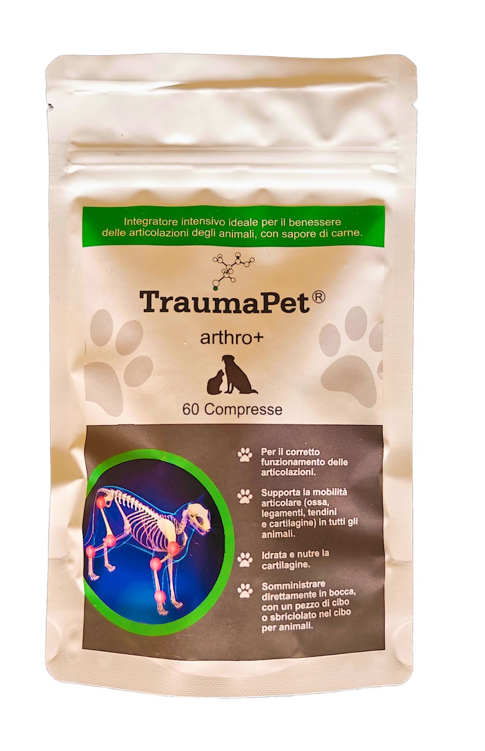 Confezione del prodotto. Testo: TraumaPet arthro+, 60 Compresse. Illustrazione: Scheletro di cane con articolazioni evidenziate.
