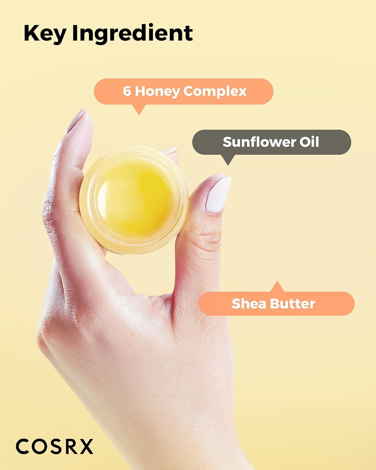 Mano che tiene vasetto di balsamo. Frecce indicano ingredienti: 6 Honey Complex, olio di girasole, burro di karité.