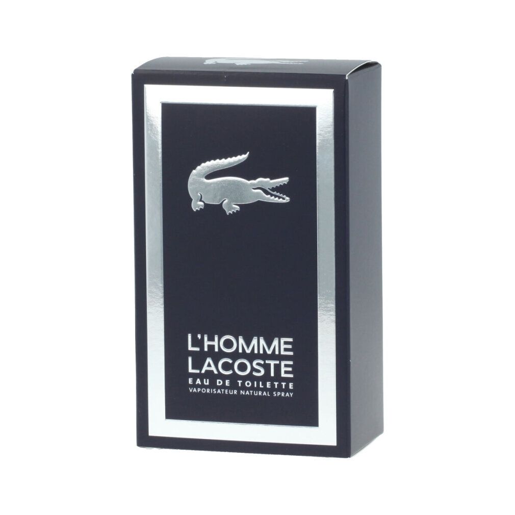 Scatola nera con cornice argentata. Logo coccodrillo. Testo: L'HOMME LACOSTE Eau de Toilette.