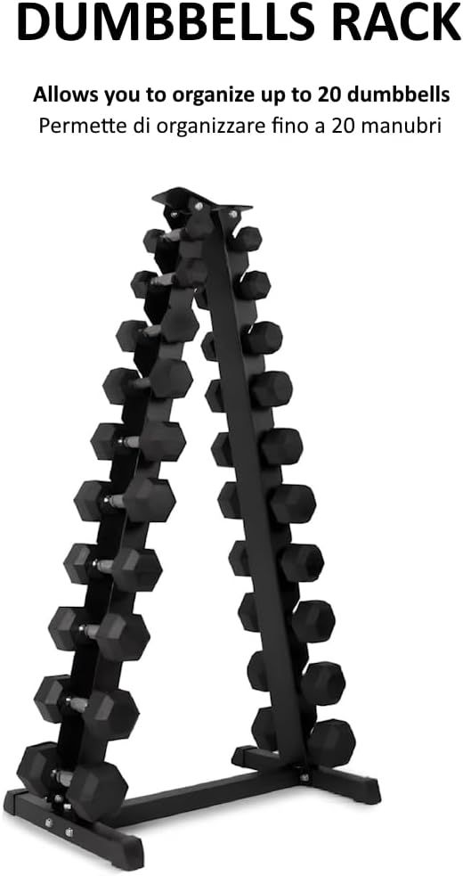 Rastrelliera nera per manubri con manubri. Testo: « Dumbbells Rack ». Permette di organizzare fino a 20 manubri.