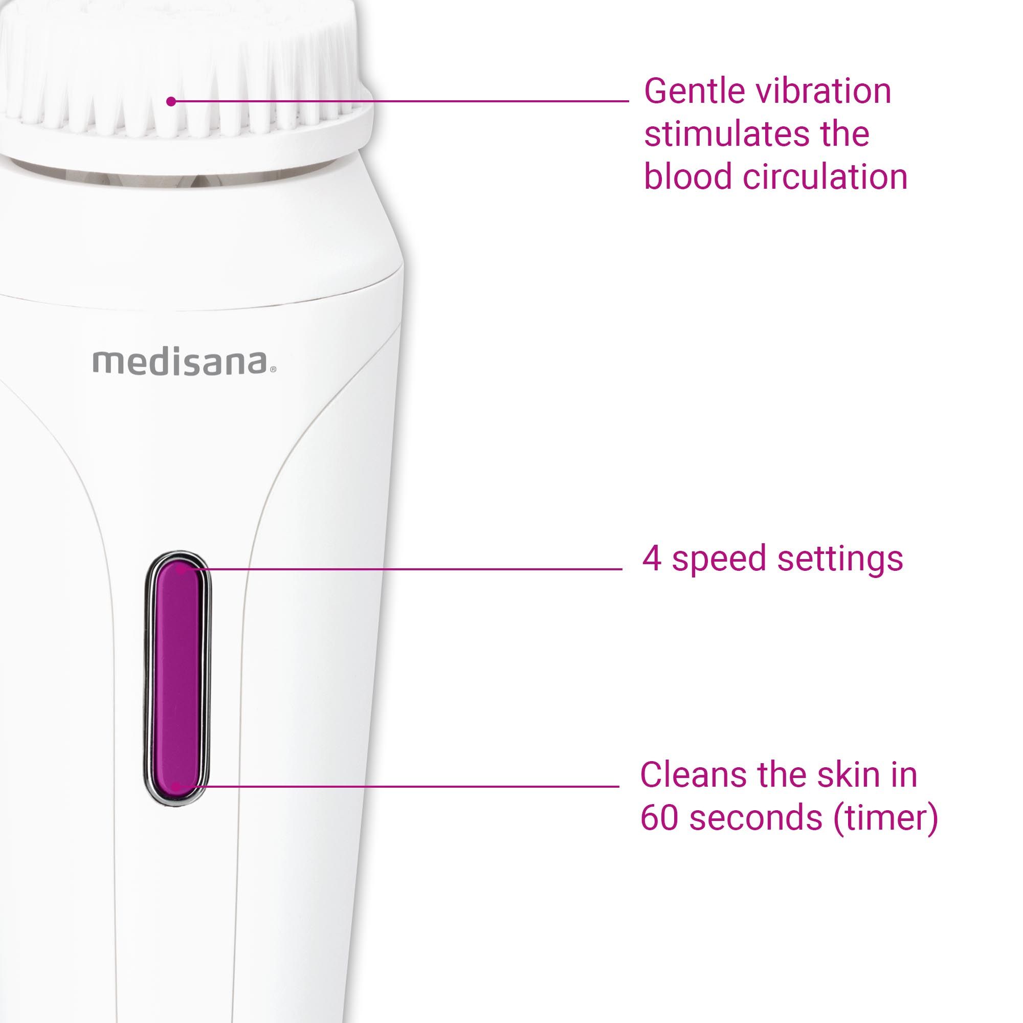 Spazzola per la pulizia del viso con pulsante rosa. Testo: 'Gentle vibration stimulates the blood circulation'.