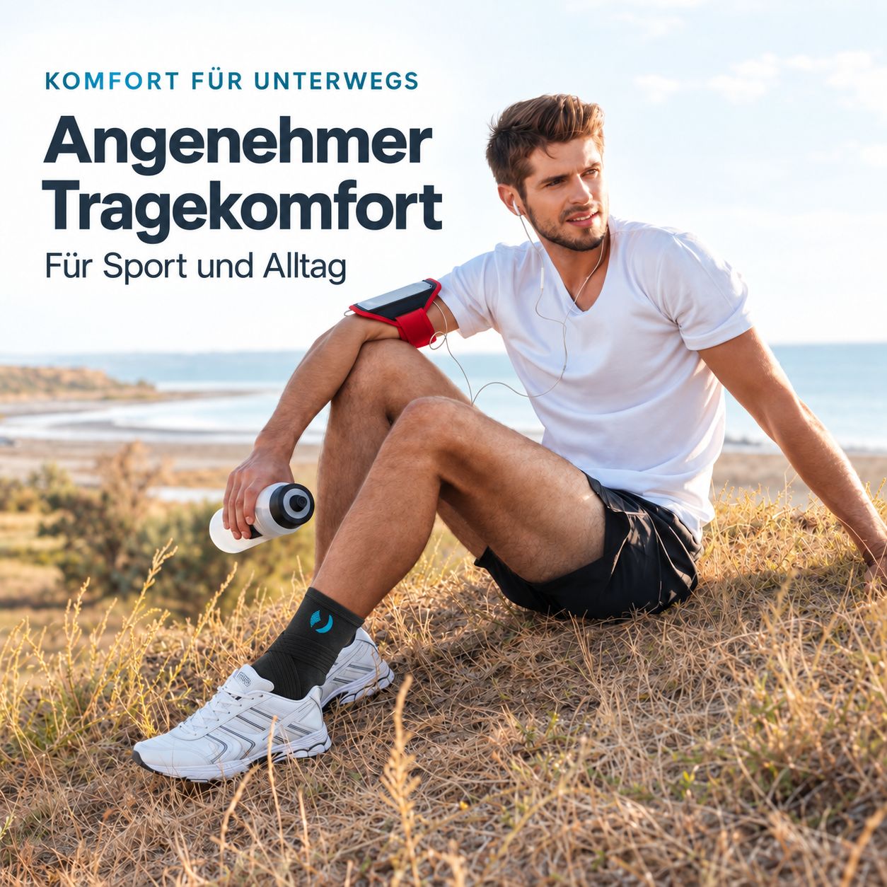 Uomo seduto all'aperto con calze a compressione, fascia sportiva e borraccia.