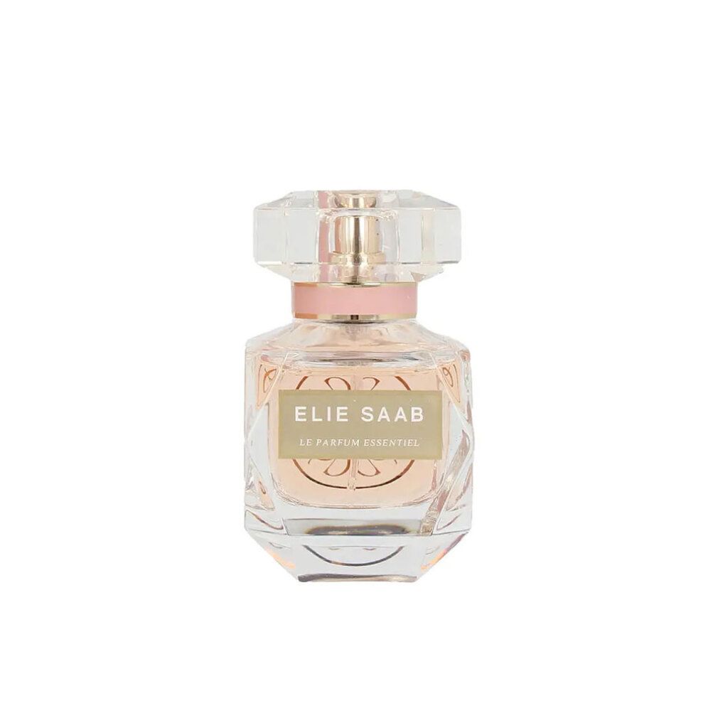 Flacone di profumo con etichetta dorata. Tappo trasparente. Liquido rosa visibile.