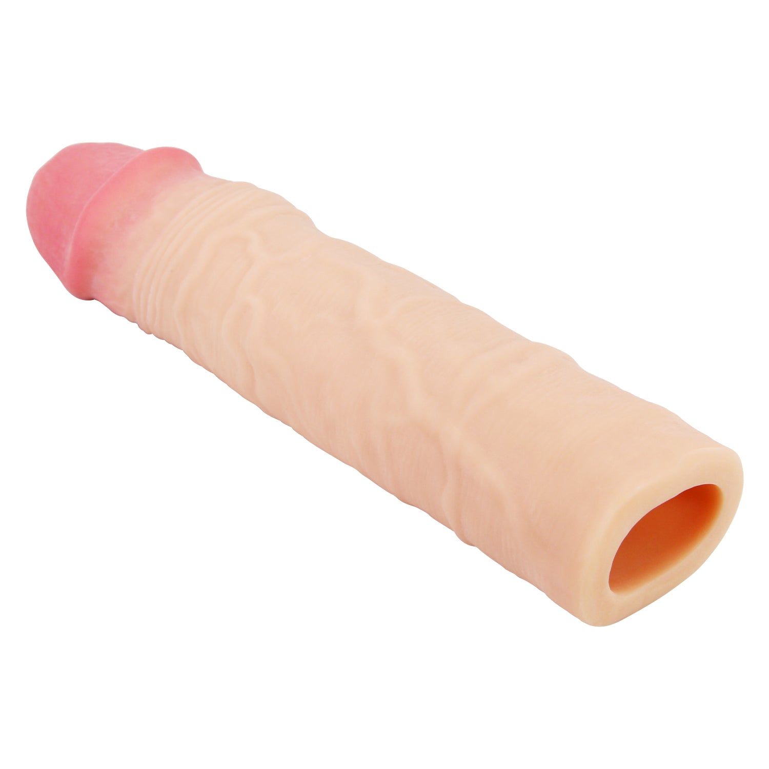 Prolunga pene beige con punta rosa e base aperta. Superficie strutturata. Sfondo bianco.