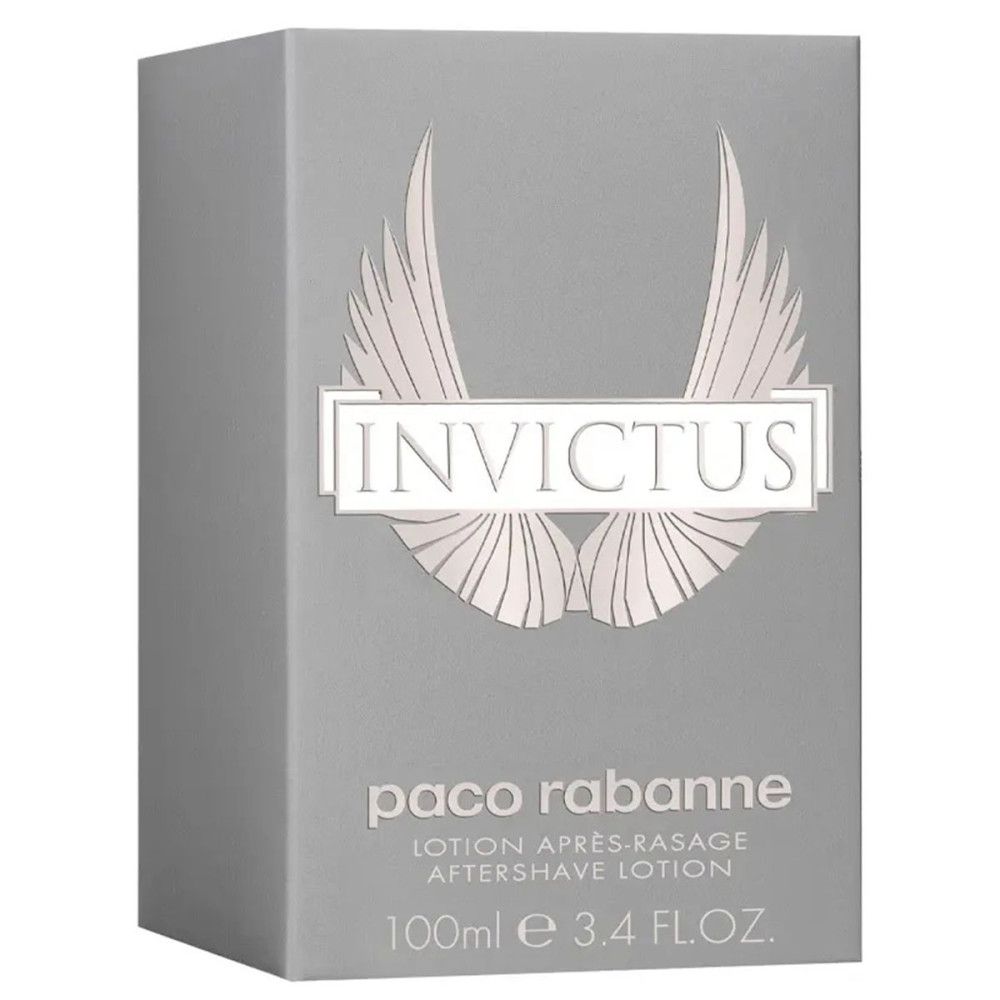 Scatola grigia rettangolare con logo "Invictus" e scritta "paco rabanne". Testo "Aftershave Lotion".