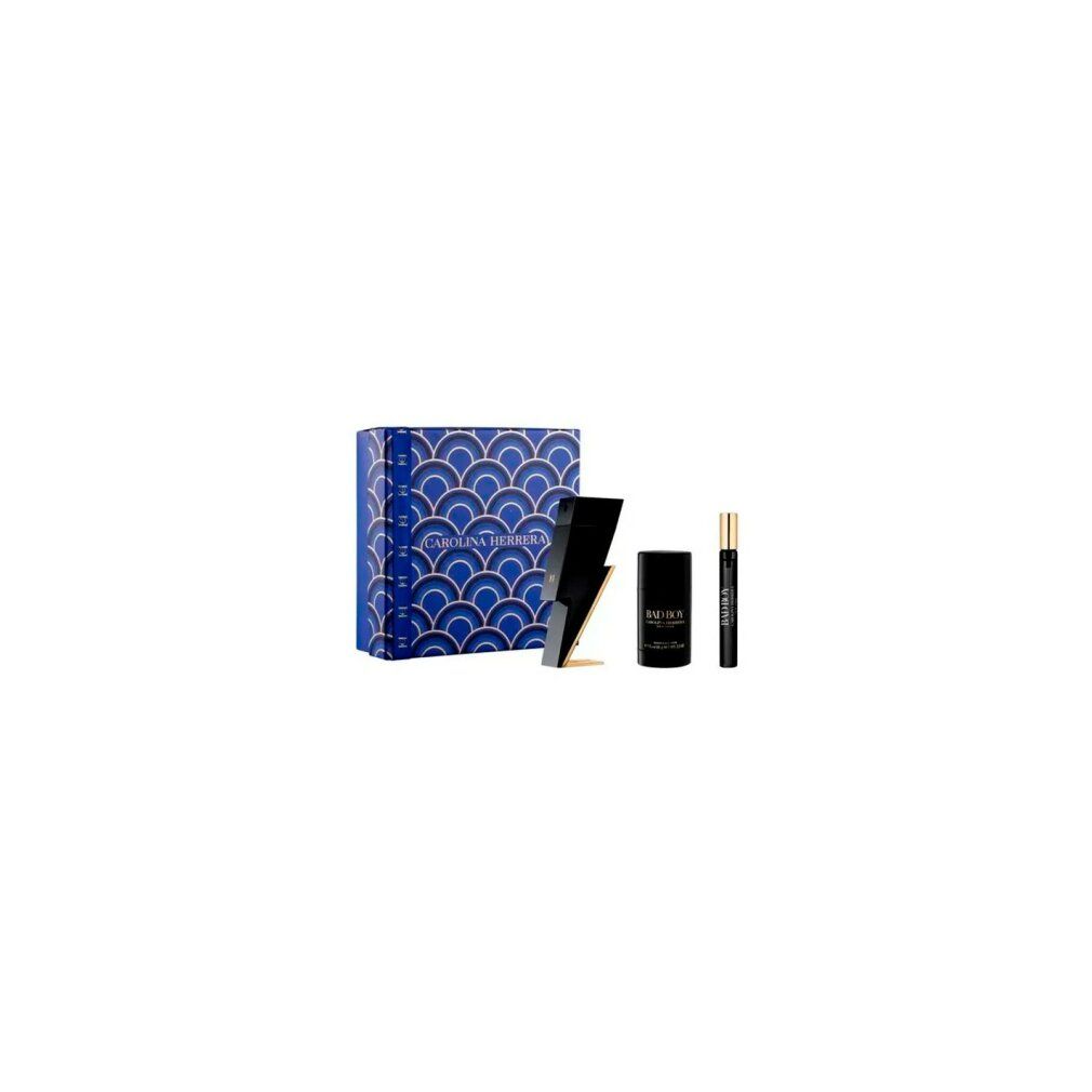 Set regalo con scatola blu, flacone di profumo a forma di fulmine, deodorante e vaporizzatore. Accenti neri e oro.