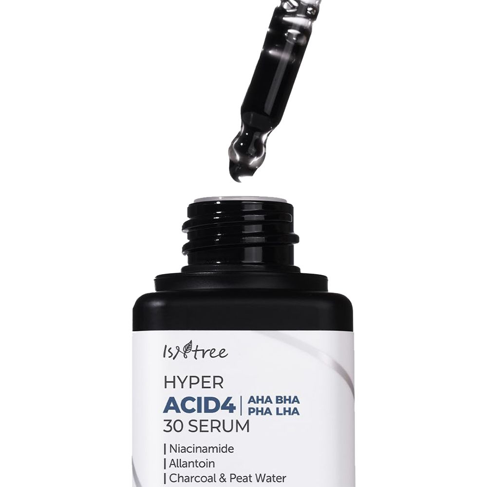 Flacone di siero con contagocce. Testo: Hyper Acid4 30 Serum. Contiene AHA, BHA, PHA, LHA. Liquido nero che gocciola.