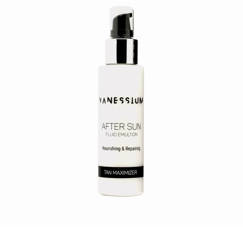 Flacone bianco con dosatore nero. Scritte: AFTER SUN, Fluid Emulsion, Nourishing & Repairing, TAN MAXIMIZER. Marchio: VANESSIUM.