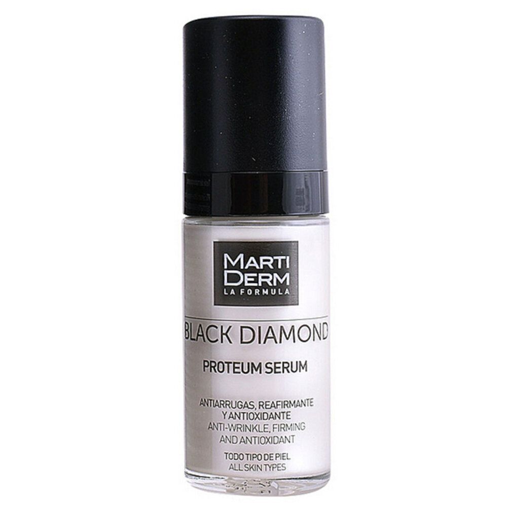 Flacone di siero con tappo nero. Etichetta bianca con nome del prodotto: Proteum Serum. Marchio: Marti Derm Black Diamond.