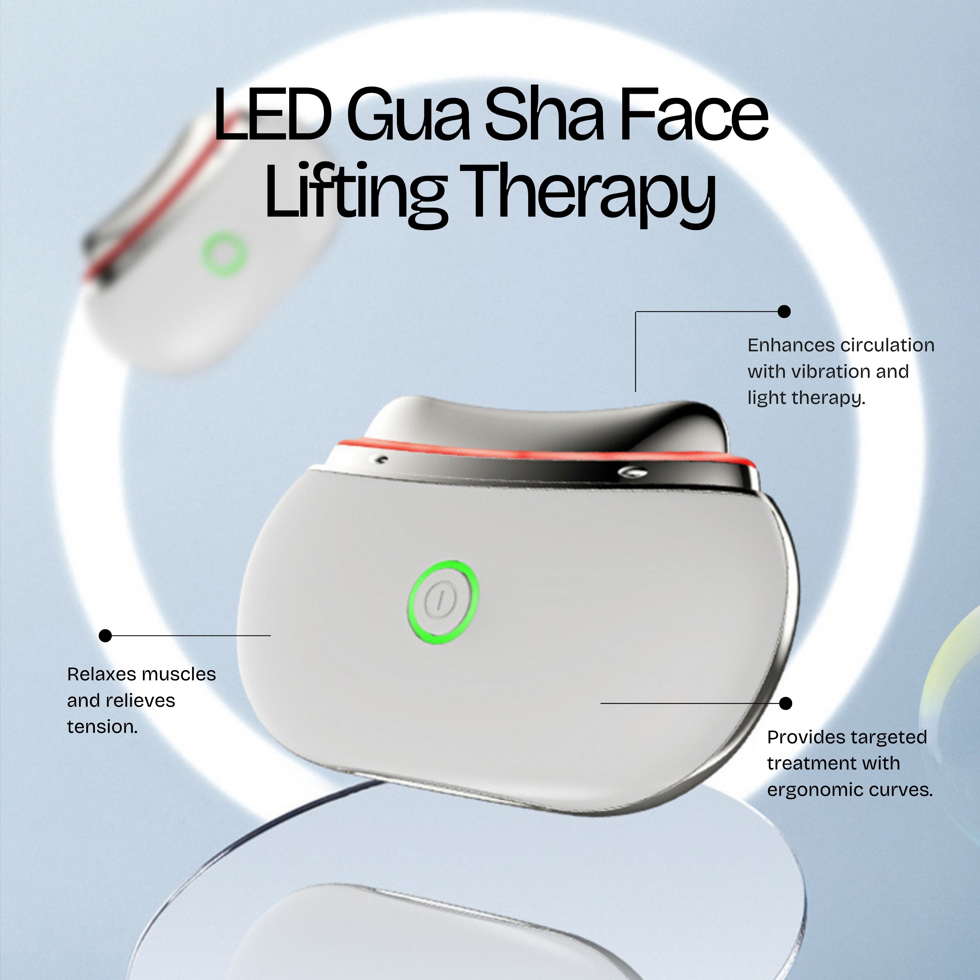 Due dispositivi di sollevamento facciale LED Gua Sha bianchi con bordo argentato, pulsante di accensione verde e luce rossa.