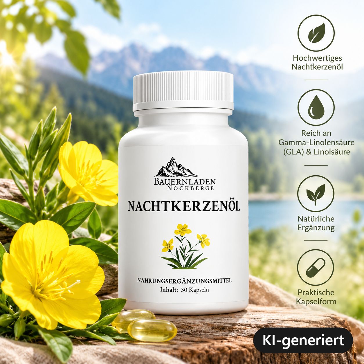 Flacone di capsule di olio di enotera, circondato da fiori gialli e paesaggio montano.