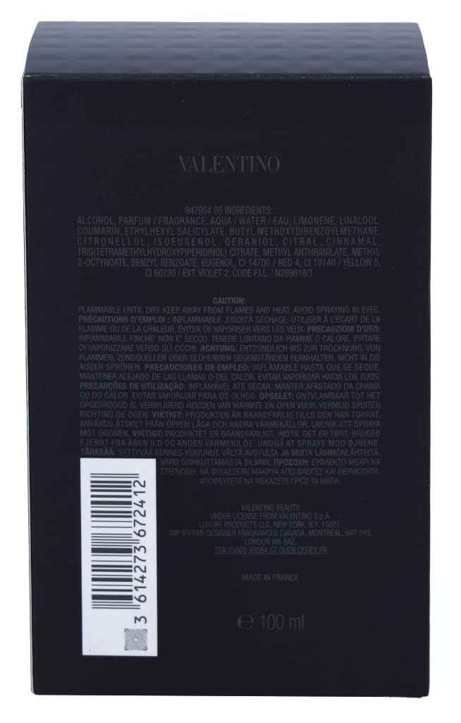 Retro della confezione nera Valentino Uomo Born In Roma Coral Fantasy. Contiene ingredienti, precauzioni e codice a barre.