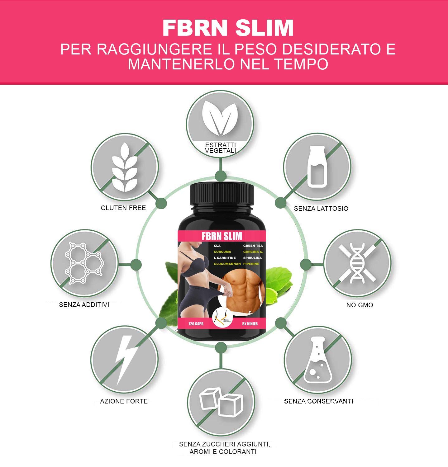 Flacone nero di capsule circondato da simboli. Scritta FBRN SLIM. Senza glutine, senza additivi, senza lattosio, senza OGM.