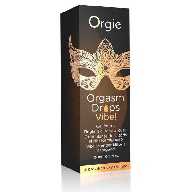 Confezione nera con maschera dorata e testo 'Orgie Orgasm Drops Vibe!'. Testo: 'Gel intimo' e 'a brazilian experience'.